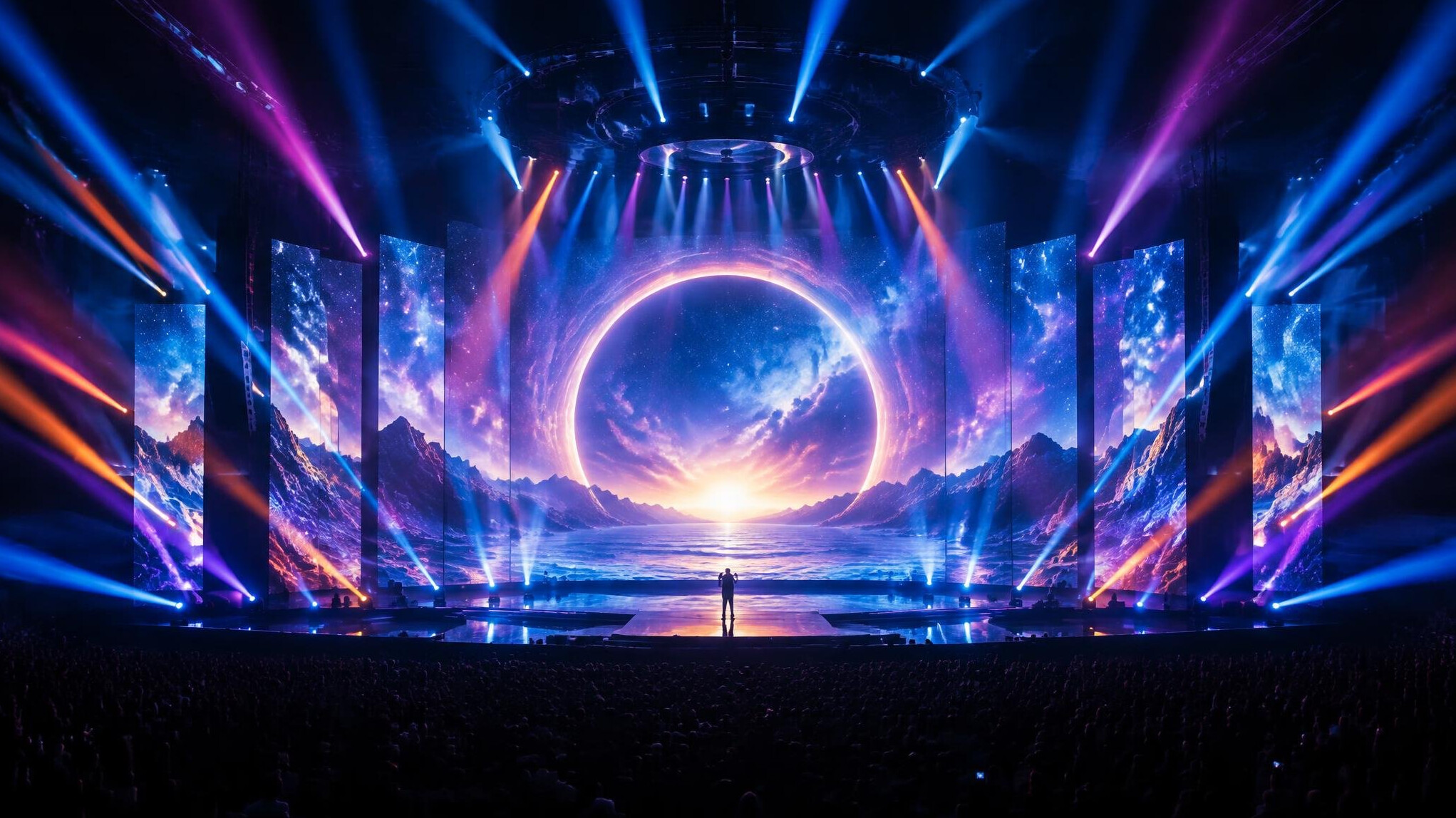 DJ stage with colourful visuals and lights