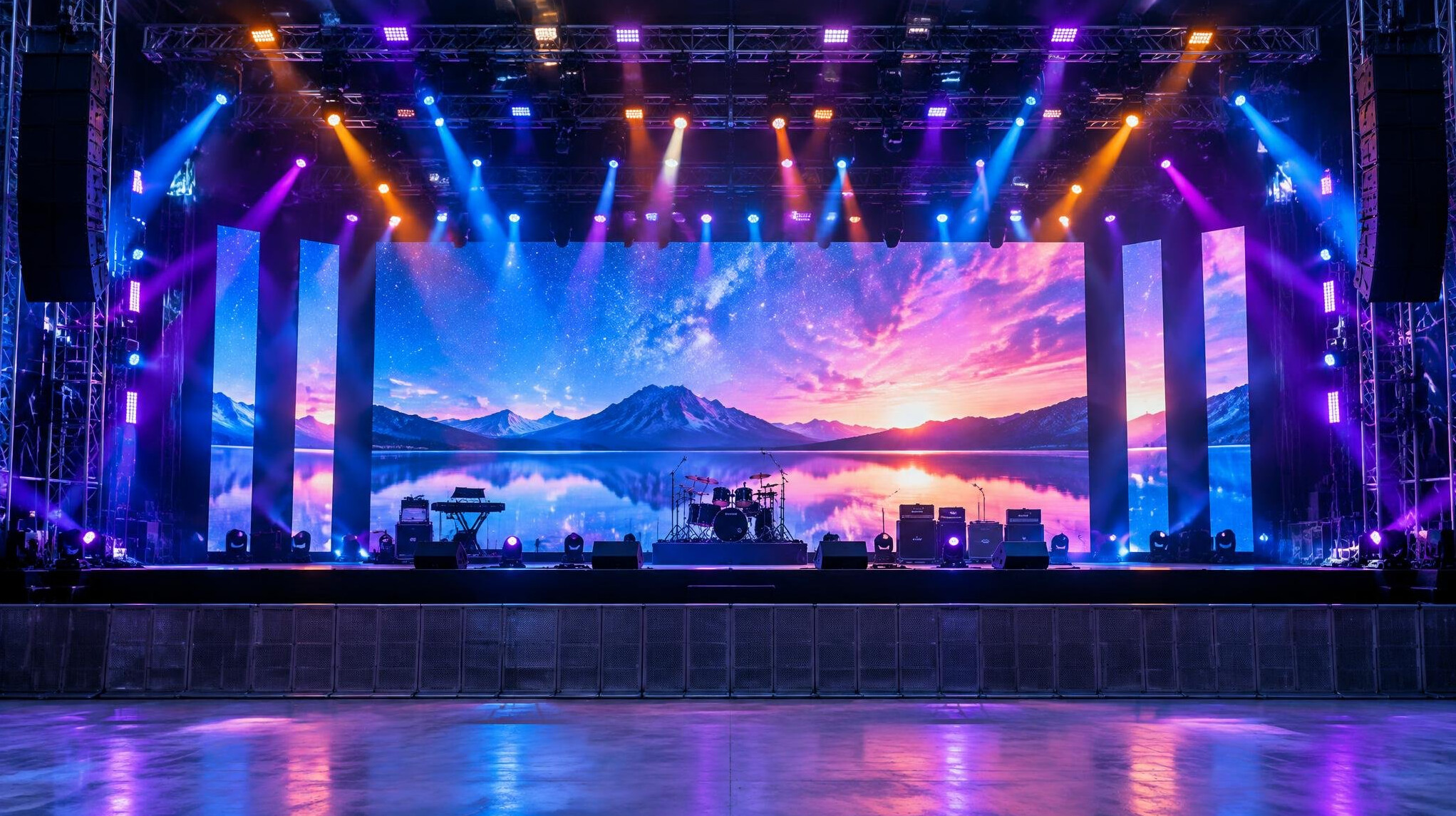 Concert stage with large visual screens and lights