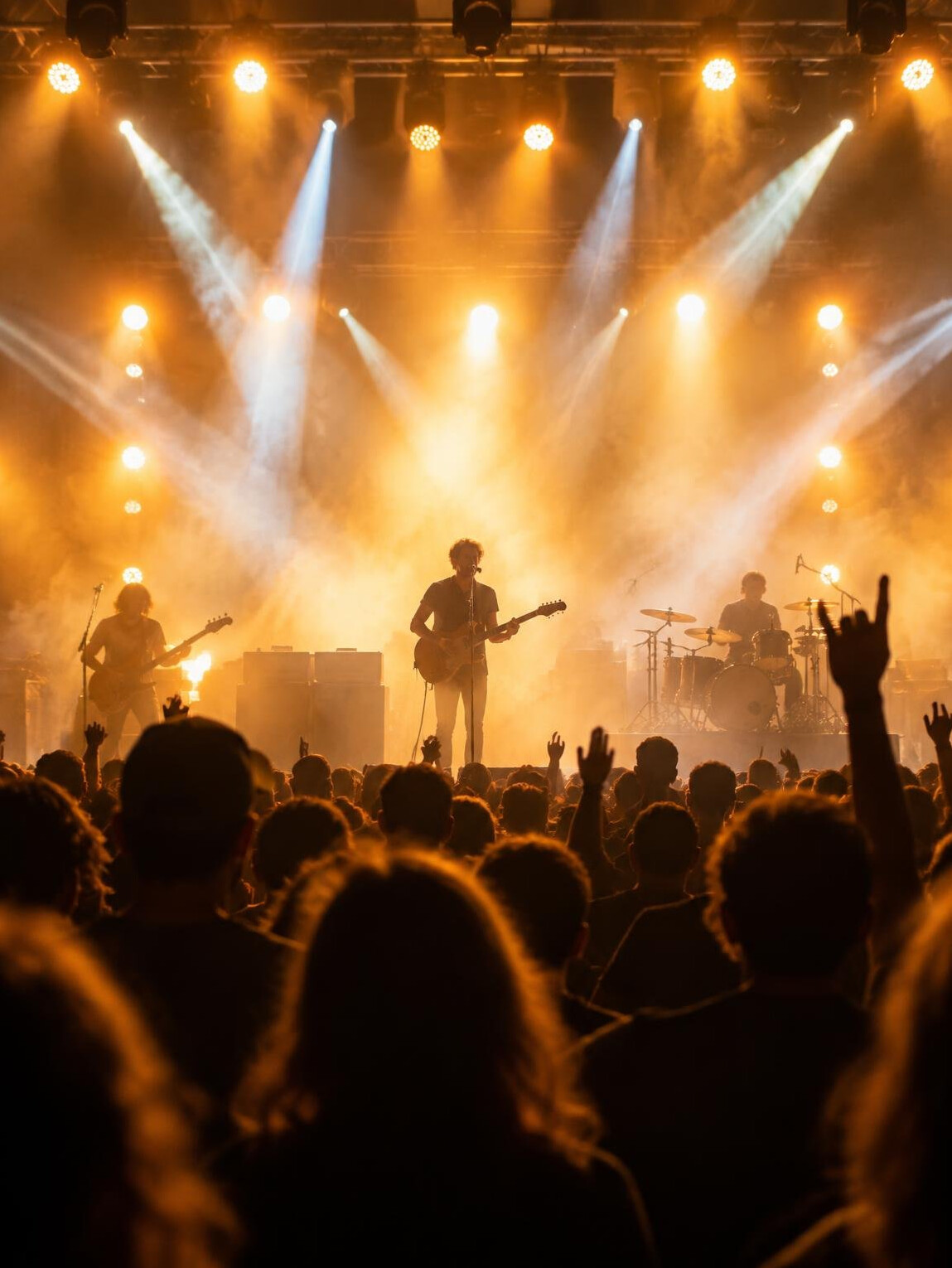 Concert stage with bright lights and silhouetted crowd