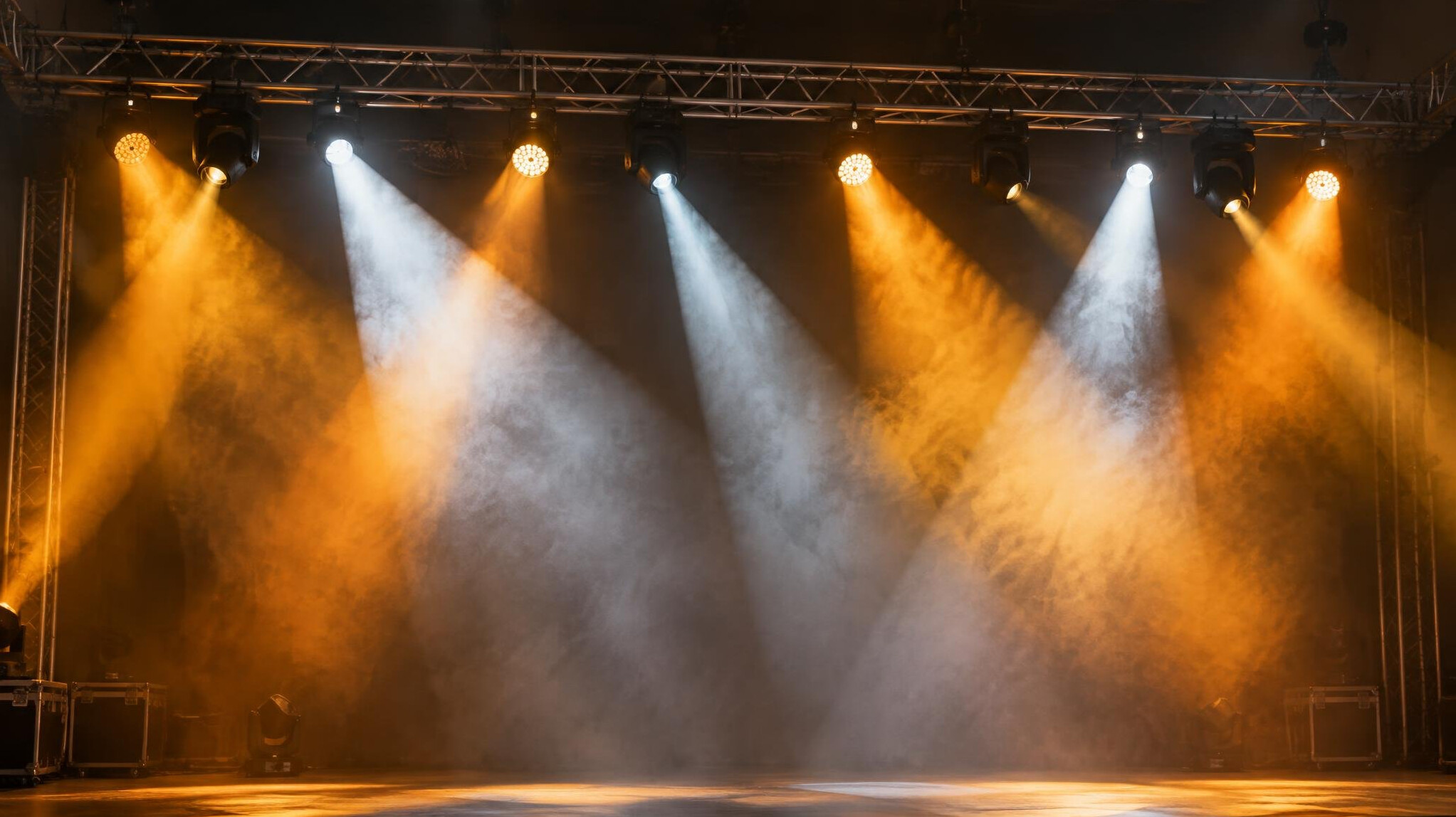 Stage lighting rig with colourful spotlights